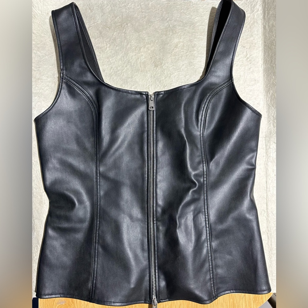 Zara Black Faux Leather Zip Front Corset Top